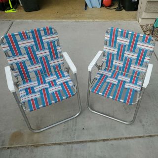 Set Of 2 Vintage Aluminum Beach Lawn Chairs Outdoor Folding Chairs Nylon Webbed