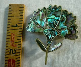 Vintage Blue Green Abalone Mop Shell Alpaca Silver Flower 2 " Pin Brooch - Mexico