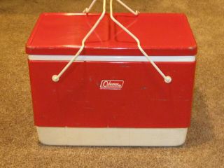Vintage Coleman Red & White Metal Cooler / Ice Chest W Haldles