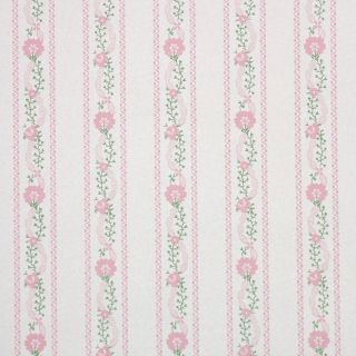 1970s Floral Stripe Vintage Wallpaper Pink And Green Flowers In Stripes On White