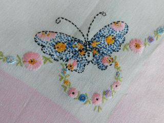 Vtg Hand Embroidered Linen Butterfly Tablecloth Pink Border