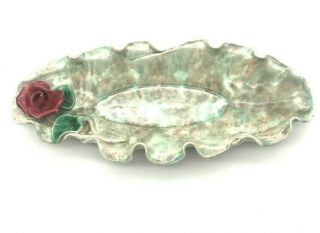Vintage Ceramic - Drip - Glaze Celery Relish Dish - Green - Brown Applied Rose - Retro