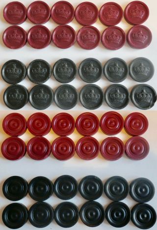 Vintage Mid - Century Composition Crown & Bullseye Checker Set 12 Red & 12 Black
