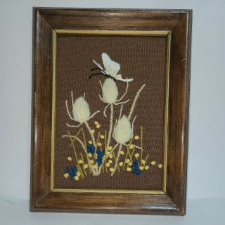 Vintage Embroidered Flowers Butterfly Framed Wall Art Sunset Designs Mcm Boho