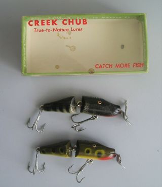 2 Creek Chub Jointed Spinning Pikies & An Unmarked Box - Great Colors