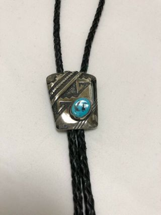 Vintage Navajo Sterling Silver Natural Turquoise Bolo Tie Leather Black