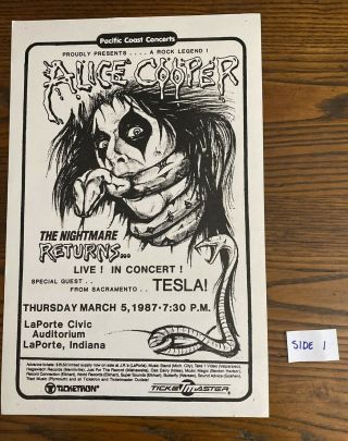 ALICE COOPER / TESLA & ACE FREHLEY of KISS 2 sided poster 1987 LaPorte IN VTG 2
