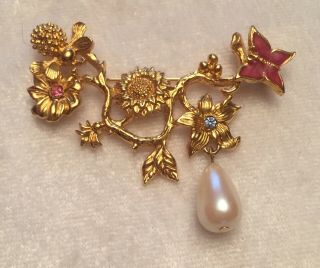Vintage Avon Brooch Enamel Rhinestones Faux Pearl Dangle Flower Butterfly Pin