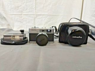 Vintage Minolta Hi - Matic 7s Camera With Leather Case And Flash
