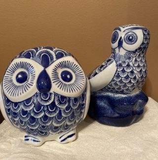 Set Of 2 Vintage Blue White Owl Figurine Statue Delft Style Porcelain Decorative