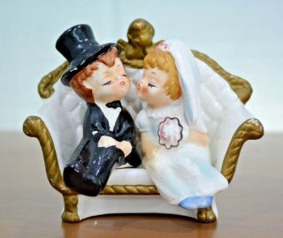 Vintage Lefton Kissing Bride & Groom Sitting On Couch Figurine Set Wedding