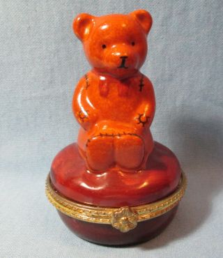 Vintage Teddy Bear Porcelain Covered Hinged Trinket Box Vanity Jewelry Rings