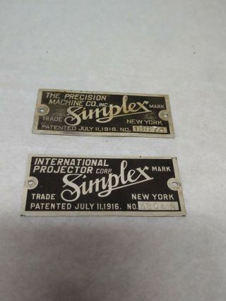 2 35mm Motion Picture Projector Simplex International Projector Corp Nameplates