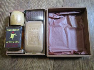 Vintage English Leather Gift Set 1970s Wooden Box Complete