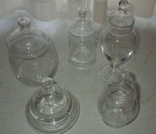 Set Of 5 Vintage Clear Glass Apothecary Wedding Candy Table Jars With Lids