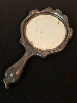 Vintage Hand Held Vanity Mirror Metal Silver 9 1/2 " Long Heavy