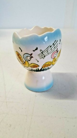 Two Vintage Egg Cups Blue Yellow Porcelain Singing Birds Boy & Girl 6017 2