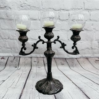 Vtg Ornate Victorian Gothic Iron Candelabra Candlesticks Glass Hurricane Globes