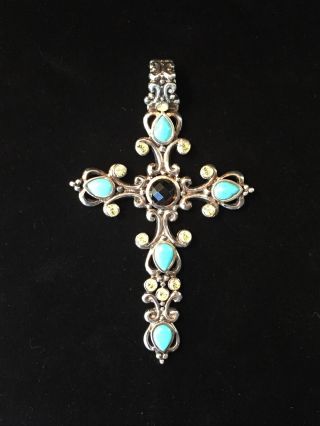 Vintage Barse Sterling Silver Crucifix Pendant Turquoise Cz Stones Large Cross
