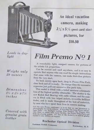Antique 1914 Eastman Kodak Rochester Optical Film Premo No 1 Camera Art Print Ad