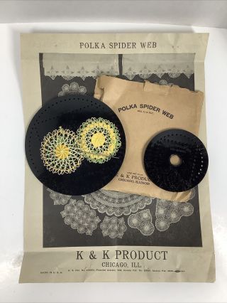 “polka Spider Web” Vintage Crochet Lace Tool Set W/ Samples