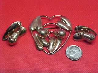 Vintage Signed Mcclelland Barclay Sterling Silver Ivy & Berry Pin & Earrings Set