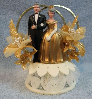Vintage Wilton 50th Anniversary Bride/groom Cake Topper Double Gold Rings W/box