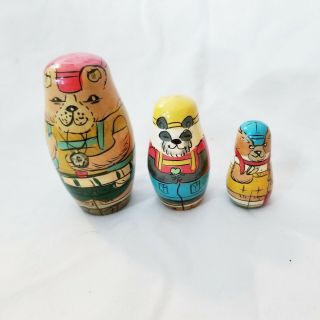 Vintage Bear 3 Piece Nesting Doll Set Authentic Models Wood Hand Painted