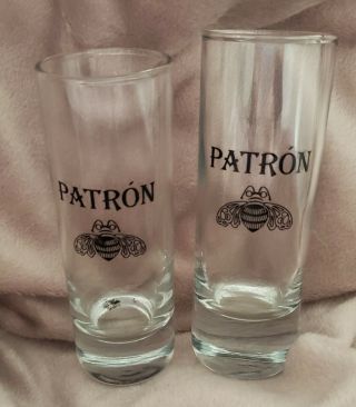 2 Vintage Patron Tequila 4 " Tall Honey Bee Shot Glasses Collectable Black Print