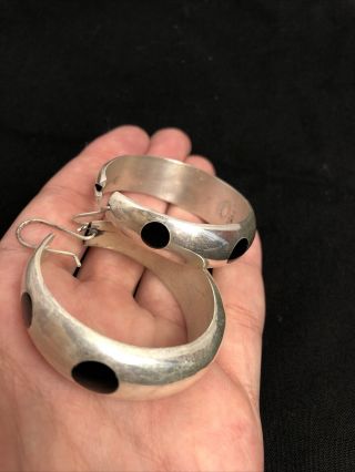 Vintage Mexico Taxco Sterling Silver 925 W/ Onyx Dots,  Mm - 34 Large Hoop Earrings