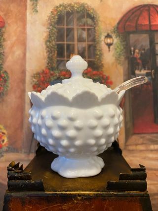 Vintage Fenton Hobnail Milk Glass Footed Sugar Bowl With Lid And Spoon