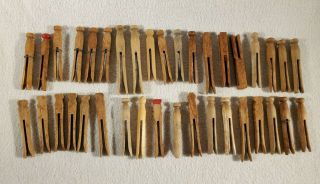 (37) Vintage Wooden Clothes Pins Round Head Red Wire Bands Square