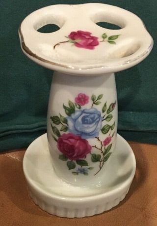 Vintage Ceramic Porcelain Toothbrush Holder Flowers Roses Japan