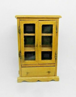 Miniature 1:12 Scale Maple Finish Old Dining Room China Cabinet With Glass Doors