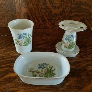 Vintage Porcelain 3 Piece Floral Bathroom Vanity Set,  Japan