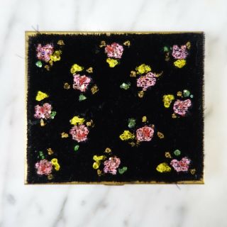 Rare Vintage Brass Case Mirror Compact Flowers Painted On Black Velvet