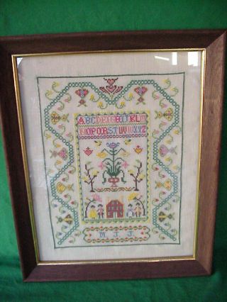 Antique Or Vintage Abc Cross Stitch Sampler In Wood Frame & Glass 16” X 13”