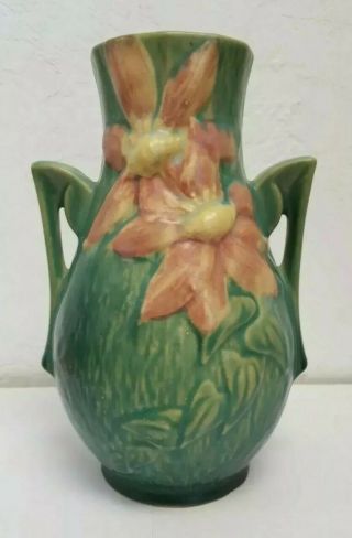 Antique Vintage Roseville Usa Art Pottery Clematis Handled Flower Vase 103 - 8