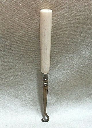 Rare Antique Small Glove Button Hook With Smooth Bone / Similar Material Handle