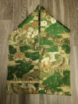 Vintage Japanese Gold Green Floral Bird Pattern Belt Sash For Kimono