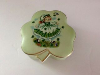 Lefton Porcelain Green Shamrock/clover Trinket Box Irish Lass Girl Vtg 1946 - 1953