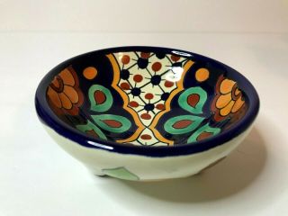 Vtg Mexican Folk Art Pottery Hand Painted Lead 3 Footed Salsa Bowl Signed
