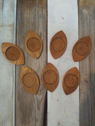 Set Of 7 Vintage Sere Wood Handcarved Hardwood And Cork Coasters Eye Shape Japan