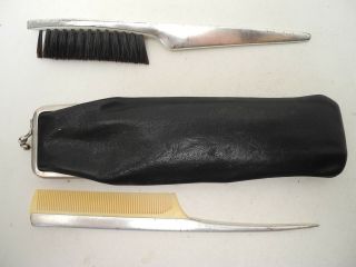 Vintage Brush & Comb Set In Black Leather Case Made In Western Germany