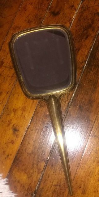 Vintage Handheld Vanity Mirror Bevel Glass Gold Brass Striped Square