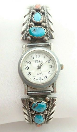 Vintage Navajo Turquoise Coral Fij Signed Sterling Wristwatch Watch Band Lug End