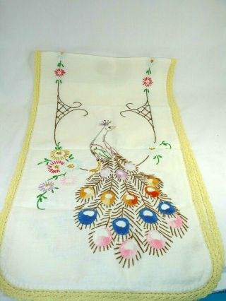 Vintage Hand Embroidered Dresser Scarf,  Runner,  Peacocks 41 X 11 Inches