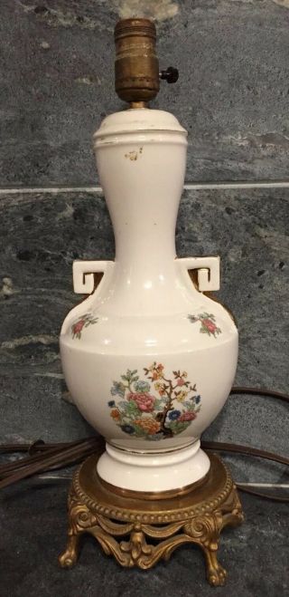 Vtg Asian Style Lamp Ceramic Vase Urn With Handles Brass Lion Feet