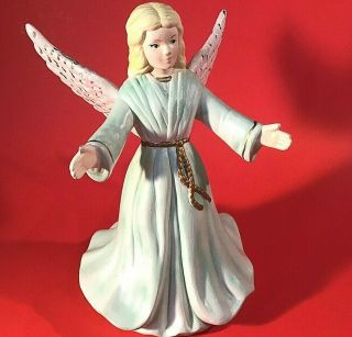 Angel Figurine Hand Decorated Green & Gold Accents 8 7/8 " Girl Robe Vintage