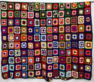 Vtg Large Granny Square Black Afghan Crochet Throw Blanket 62 " X 88 " Roseanne